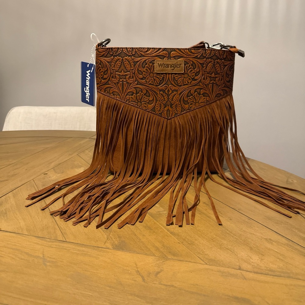 Wrangler Brown Western Floral Fringe Shoulder Bag with Detachable Strap